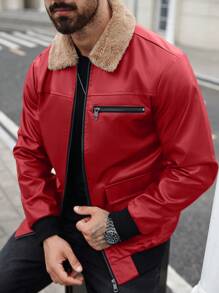 Manfinity Homme 男士人造毛拼接长袖前拉链口袋夹克、字母夹克、秋季男装、冬季男士夹克、保暖夹克、毛领