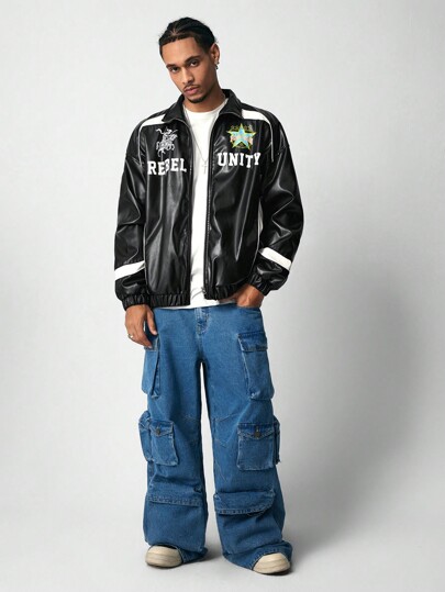 Street Life Men's Letter Graphic Long Sleeve PU Leather Jacket (Padded Lining)