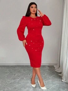 Celure 2pcs Women Plus Size Elegant Solid Color Rhinestone Decor Round Neck Puff Sleeve Christmas Party & Date Night T-Shirt With Mini Skirt Set For New Year Clothes