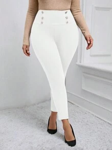 Miaspire Plus Size Double Breasted Elastic Skinny Pants,Fuzzy Leggings - White - View 4