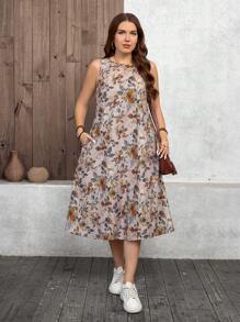 SHEIN LUNE Plus Size Women Floral Print Casual Loose Round Neck Beach Dress Holiday Dress Women's Summer Dress Valentine's Day Dresses Party Dresses Everyday Dresses Resort Wear Women,Club Dress Going Out,Holiday Party Dress