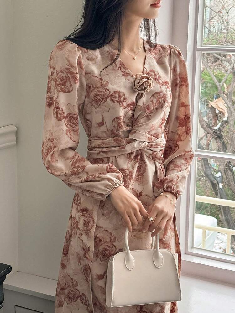French Retro Rose Twisted Graphic Print Long Sleeve Women's Dress, Fall Dress Floral Dresses For Women