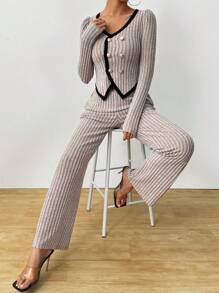 Chiquease 女式双排扣长袖上衣和口袋罗纹裤休闲套装，春/秋 - 淺灰色 - 查看 4