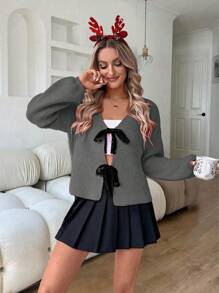 SHEIN LUNE Cardigan tricoté casual ample en style séquins à nœud papillon mélangé, dans une ambiance de Noël européenne et américaine. Automne/Hiver - Gris - Voir 6
