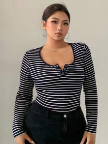 Dazy Petite Plus Crew Neck Half Placket Fitted Striped Long Sleeve Short T-Shirt, Black, Spring/Summer/Autumn - Black - View 6