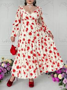 Lyrianda Plus Size Chiffon Embroidered Dress With Valentines, Rose, Heart, Polka Dot, Love, Lip, Cupid, 91D Flower Design Maxi Women Outfit