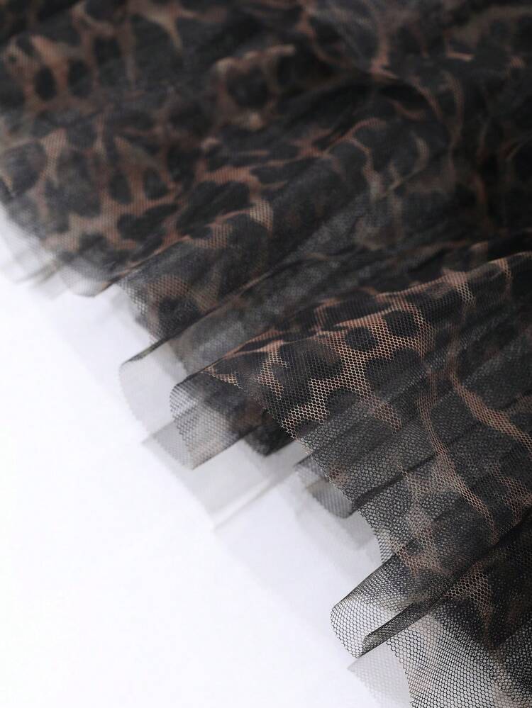 Women's Leopard Print Mesh Multi-Layer Ruffle Hem Cake Skirt