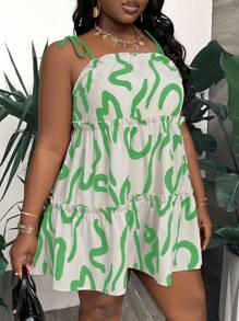 Slaydiva Plus Size Women's Loose Smock Dress, Multi-Layer Patchwork, Adjustable Knotted Shoulder Straps, Artistic Print, Mini Summer Dress For Vacation, Casual, Party