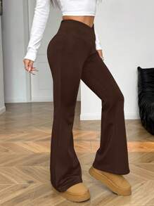 SHEIN EZwear Brown Knitted Thermal Lined Flare Casual Pants For Women