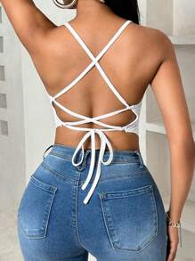 SHEIN PETITE Áo ba lỗ hở cổ chữ V sâu, viền bất đối xứng, bó sát, gợi cảm, áo ba lỗ màu trắng gợi cảm dành cho nữ, áo dây hàng ngày tối giản - trắng - Xem 2