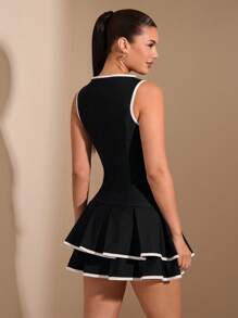 SHEIN BAE 纯色黑白优雅撞色无袖修身百褶迷你连衣裙，商务正式性感办公室制服，教师装，圣诞连衣裙，日常连衣裙，优雅连衣裙 - 黑與白 - 查看 2