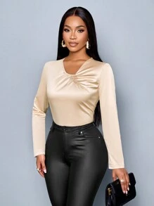 SOLERSUN Winter Clothes For Women Elegant Commuting Daytime Daily Apricot Satin V-Neck Neckline Pleated Long-Sleeved Shirt