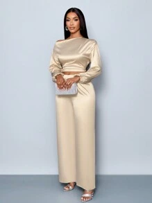 SOLERSUN 2024 New Autumn And Winter Elegant Business For Commuting, High-Grade Satin Slanted Shoulder Top & Pants Set
