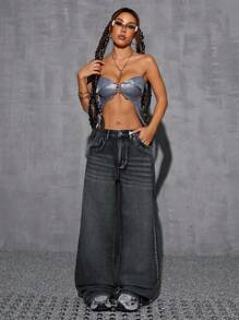 SHEIN EZwear Women Non-Stretch High Waist Wide Leg Long Jeans