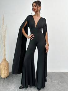 Firerie New Year Women's Elegant Minimalist V-Neck Long Sleeve Jumpsuit With Slit, Cinched Waist, Flared Leg, Black Slim Fit, Suitable For Party And Banquet