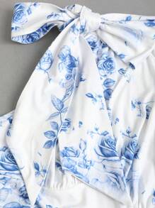 Sweetra Women's New Spring Summer Blue Rose Print Elegant Sleeveless Shirt, Commuting Style Fitted Charming Stand Collar Butterfly Pleat Decor Tie Waist Crinkle Craft Blue And White Sleeveless Short Tank Top