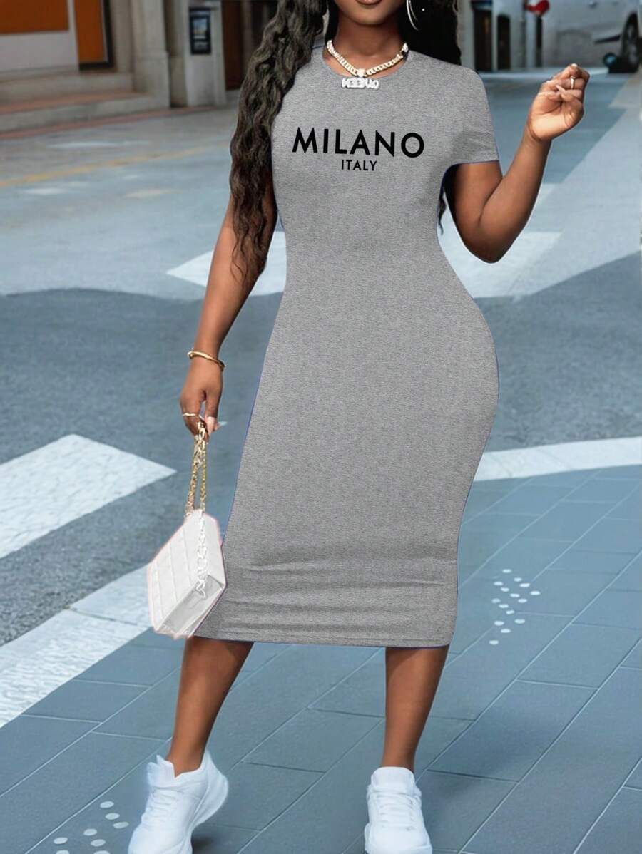 Slaydiva MINLANO 休闲标语图案短袖圆领修身中长连衣裙，春夏