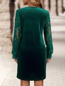 EMERY ROSE Velvet Patchwork Elegant Lace Long Sleeve V-Neck Women Winter Dresses - Black - View 2