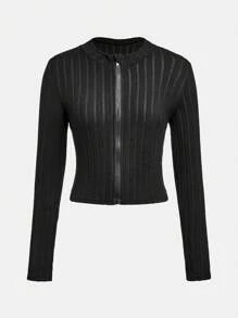 SHEIN 2 件套青少年女孩休闲罗纹针织弹力长袖短款拉链夹克和喇叭裤，秋季套装 - 黑色 - 查看 4