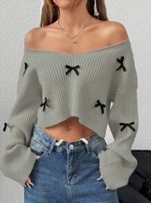 Flirla V-Neck Loose Casual 3D Bow Knitted Sweater Fall Winter - Grey - View 3