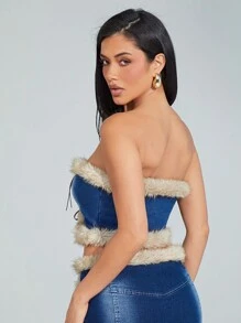 Denimoi Faux Fur Trim Lace Up Strapless Denim Crop Top - Medium Wash - View 3