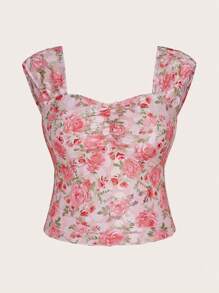 SHEIN ICON Plus Size Square Neck Front Ruched Rose Floral Knit T-Shirt
