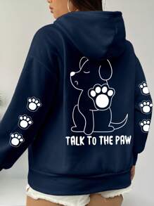EMERY ROSE Plus Size Women's Dog&Dog Claw TALK TO THE PAW Graphic Drawstring Hooded Sweatshirt Fall Cloth For Women Winter Autumn - Navy Blue - View 1