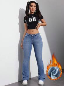 SHEIN EZwear Dames Flare Jeans Met Zakken, Casual Veelzijdige Dikke Stijl