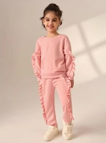 SHEIN Young Girl' Pink Ruffled Trim Sweatshirt, Casual & All-Match, Suitable For Spring And Autumn - Pink - View 4