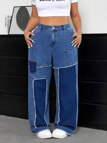 SHEIN EZwear Plus Size Women Pocket & Raw Hem Design Loose Fit Casual Straight Leg Jeans