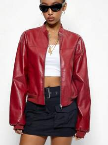 SHEIN EZwear 女士日常穿着约会之夜音乐节赛车手皮革拉链长袖勃艮第飞行员夹克，新年/情人节 - 酒紅色 - 查看 4