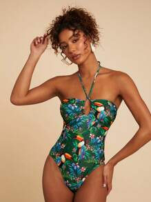 Travachic Traje de baño de una pieza estilo halter con estampado tropical para vacaciones y playa