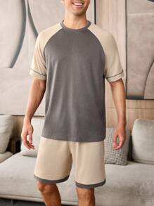 CoupledUp Contrast Color Splice Raglan Sleeve Shorts Men's Casual Homewear Set - Apricot - View 5