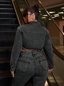 SHEIN EZwear 大码女式长袖索环扣设计镂空性感牛仔夹克 - 黑色 - 查看 2