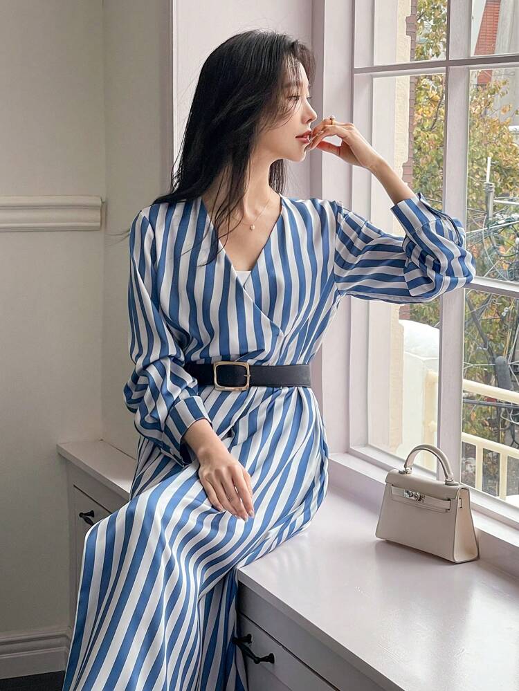 Unique V-Neck Striped Elastic Waist Long Dress For Women, Elegant Blue Striped Shirt Dress,Fall Dress Long Sleeve Dress Maxi Dress