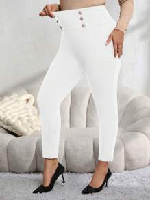 Miaspire Plus Size Double Breasted Elastic Skinny Pants,Fuzzy Leggings - White - View 3
