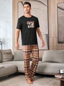 2 件套男士可爱熊印花短袖衬衫和格子裤睡衣套装，送给男朋友的礼物 - 彩色 - 查看 5