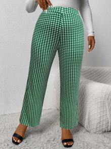 大码休闲千鸟格印花高腰裤