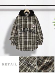 SHEIN Teen Boys' Casual College Style Comfortable Fashion Minimalist Practical Versatile Cute Soft Sweatshirt, Suitable For Daily Wear, School, Outdoor, Sports, Autumn/Winter, Letter & Plaid Print With Hood