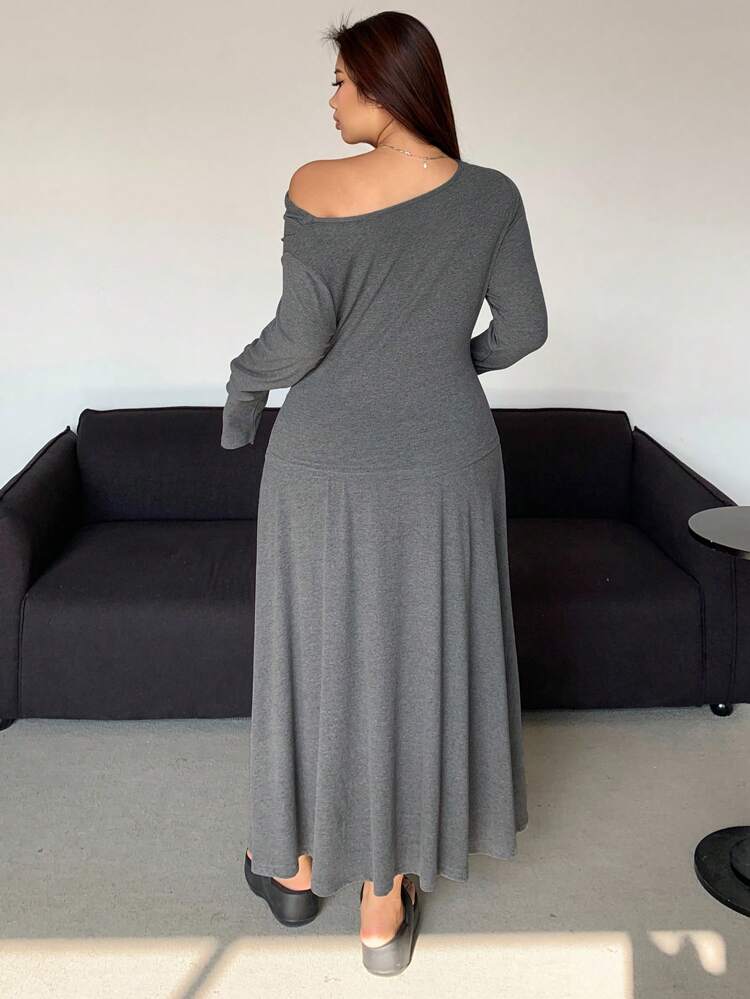 Dazy Petite Plus Plus Size 1 Set Asymmetrical Neck Bodycon T-Shirt & Knit Skirt 2 Pieces Outfit, Grey, Spring/Autumn,Fall Women Clothes