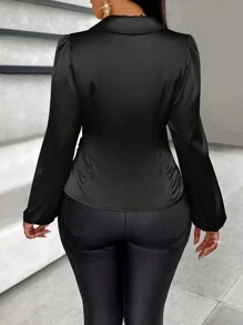 SOLERSUN Solid Wrap Lantern Sleeves Detail Satin Blouse Fall Cloth For Women