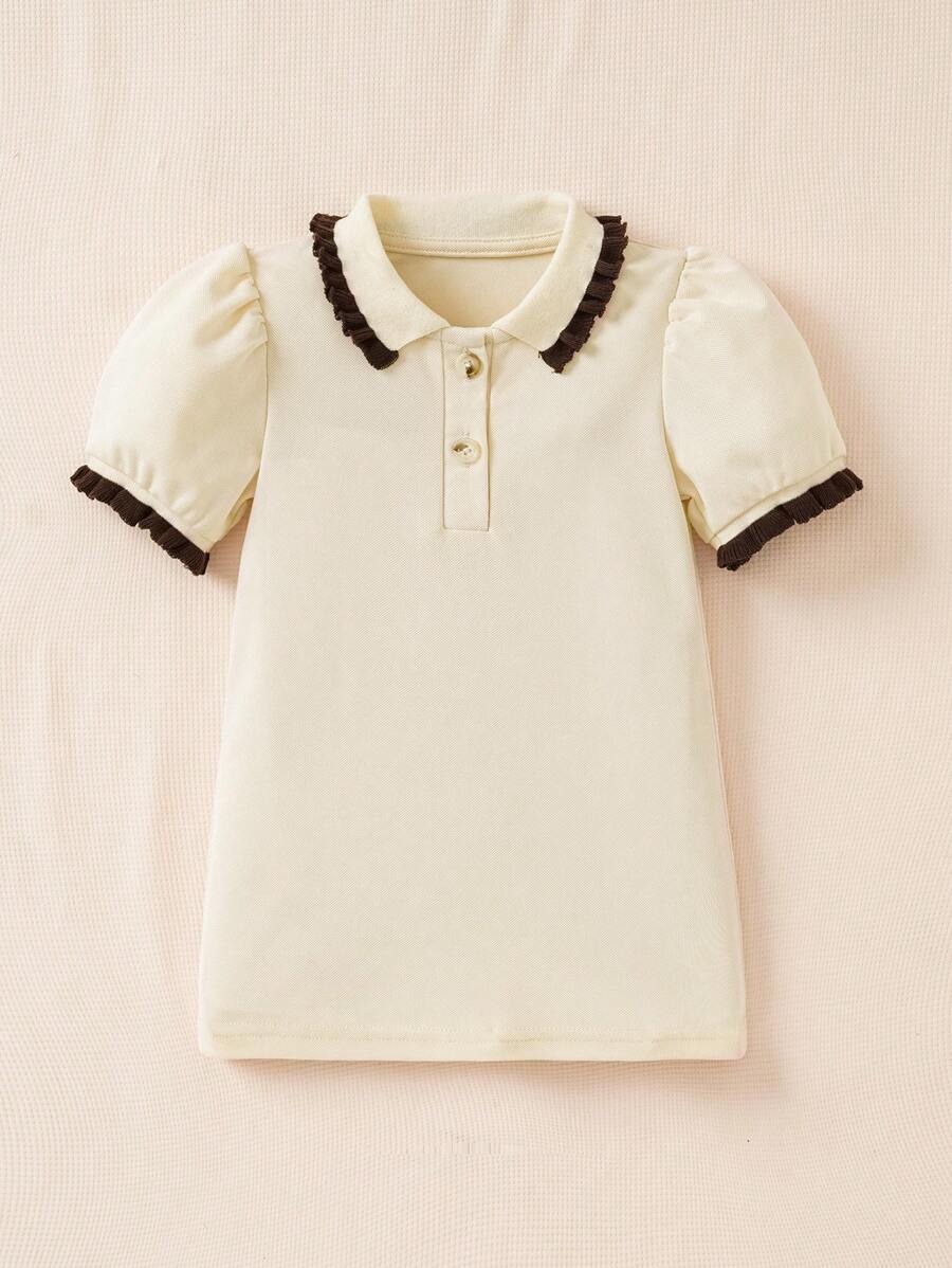 SHEIN Vestido de línea A con cuello polo y bloques de color estilo retro francés para niña bebé, lindo y de moda, para primavera/verano - Albaricoque - Ver 1