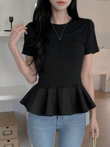 DAZY Women's Solid Color Ruffle Hem Short Sleeve T-Shirt