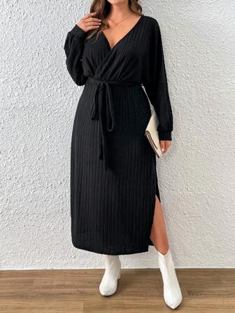 SHEIN CURVE+ 大码女式黑色罗纹羊毛交叉裹身 V 领优雅休闲通勤日常连衣裙