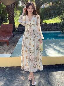 DAZY Đầm voan hoa thanh lịch dáng dài ngang gối dành cho nữ, trang phục đi nghỉ xuân/hè, đầm maxi phong cách boho. - Màu be - Xem 2