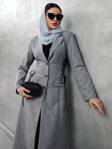 Al Najma 女士秋季翻领长袖侧系带长款优雅西装长袍，女士西装外套 - 灰色 - 查看 5