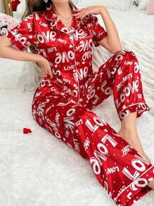 SHEIN 红白仿丝字母印花翻领短袖上衣和裤子睡衣套装，适合情人节新娘内衣 - 紅色 - 查看 5