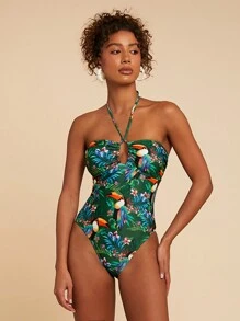 Travachic Traje de baño de una pieza estilo halter con estampado tropical para vacaciones y playa