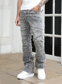 ROMWE MEN Street Life Men's Frayed Hem Patchwork Flare Leg Jeans - Grey - View 4