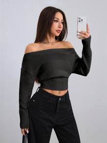 Flirla Áo len chui đầu tay dài hở vai thường ngày cho nữ mùa thu đông - màu đen - Xem 6